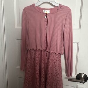 Pink Lace Dress with Ribbed Cardigan